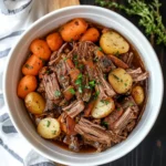 INSTANT POT POT ROAST WITH VEGETABLES centered hero view, clean and uncluttered