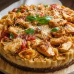 LOUISIANA CHICKEN PASTA CHEESECAKE centered hero view, clean and uncluttered
