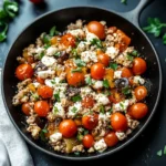 MEDITERRANEAN KETO GROUND CHICKEN SKILLET centered hero view, clean and uncluttered