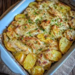 ONE DISH SWEET POTATO CHICKEN GRATIN centered hero view, clean and uncluttered