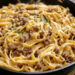 ONE POT CREAMY BEEF AND GARLIC BUTTER PASTA centered hero view, clean and uncluttered
