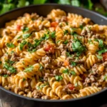 ONE-POT TACO PASTA centered hero view, clean and uncluttered