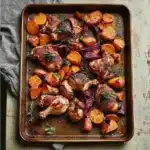 SHEET PAN CHICKEN AND SWEET POTATOES centered hero view, clean and uncluttered