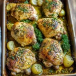 SHEET PAN GARLIC BUTTER CHICKEN centered hero view, clean and uncluttered