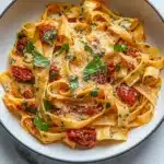 SUN DRIED TOMATO PASTA centered hero view, clean and uncluttered