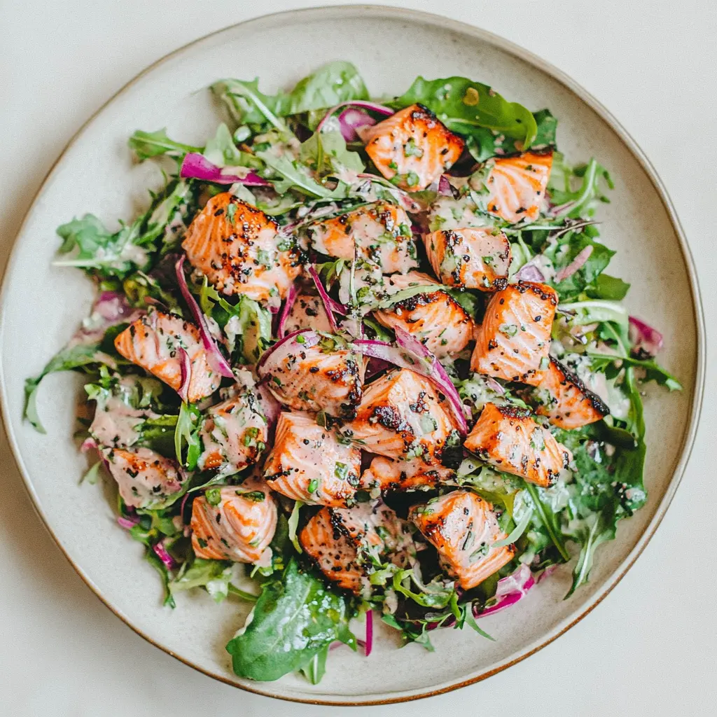 Salmon salad in a bowl with fresh herbs and vegetables
