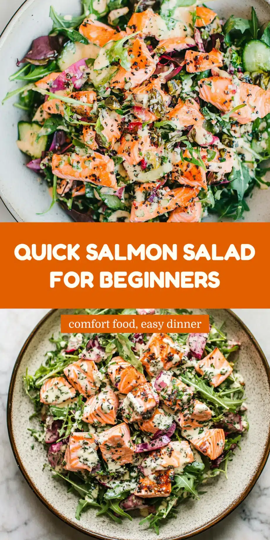 Salmon salad Pinterest pin with fresh herbs and bright presentation