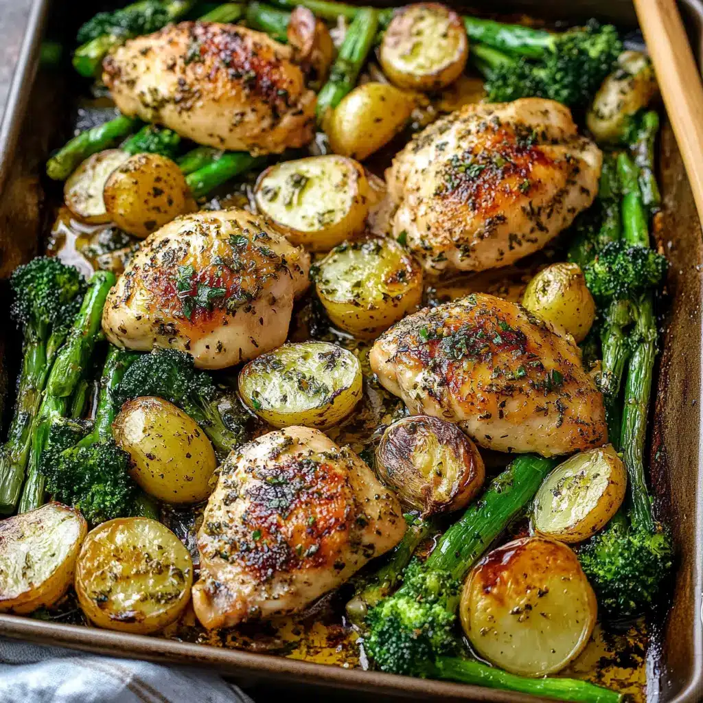 SHEET PAN GARLIC BUTTER CHICKEN centered hero view, clean and uncluttered