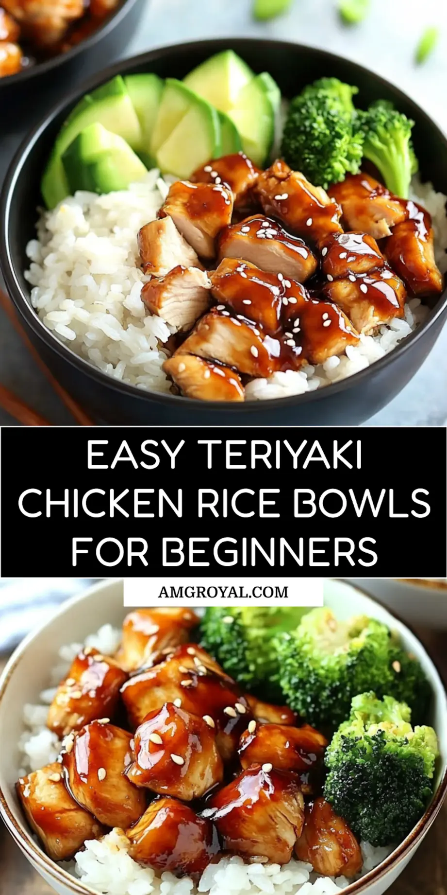 Teriyaki Chicken Rice Bowls centered hero view, clean and uncluttered pin