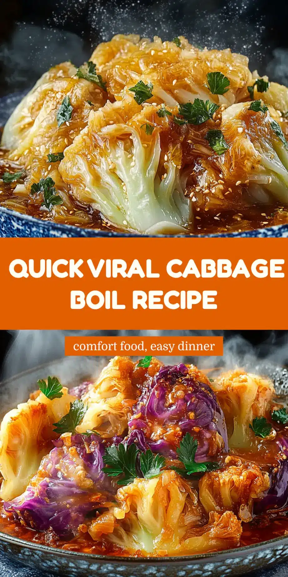 Viral cabbage boil recipe pin image with buttery garlic broth