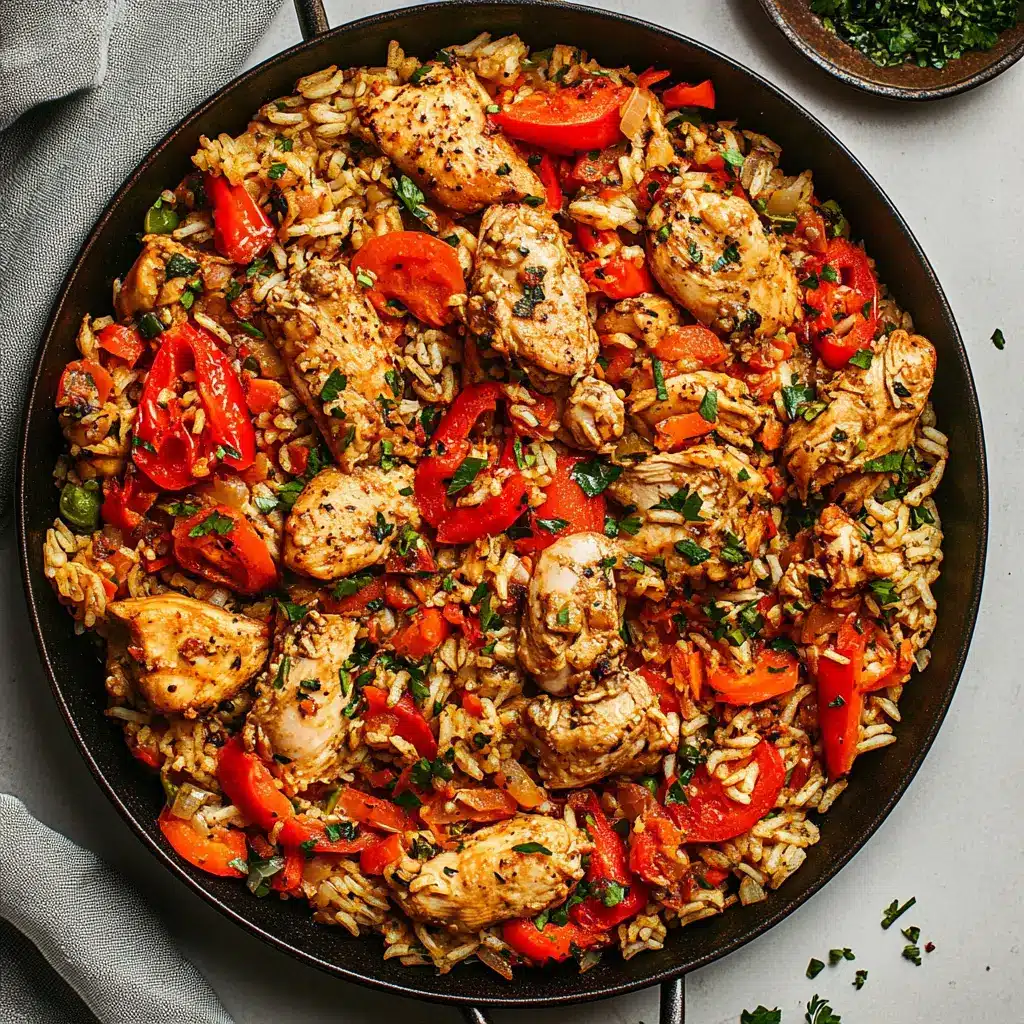 30 minute one pan chicken and rice centered hero view, clean and uncluttered
