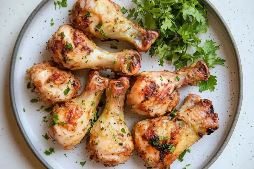 AIR FRYER CHICKEN DRUMSTICKS centered hero view, clean and uncluttered
