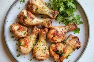 AIR FRYER CHICKEN DRUMSTICKS centered hero view, clean and uncluttered