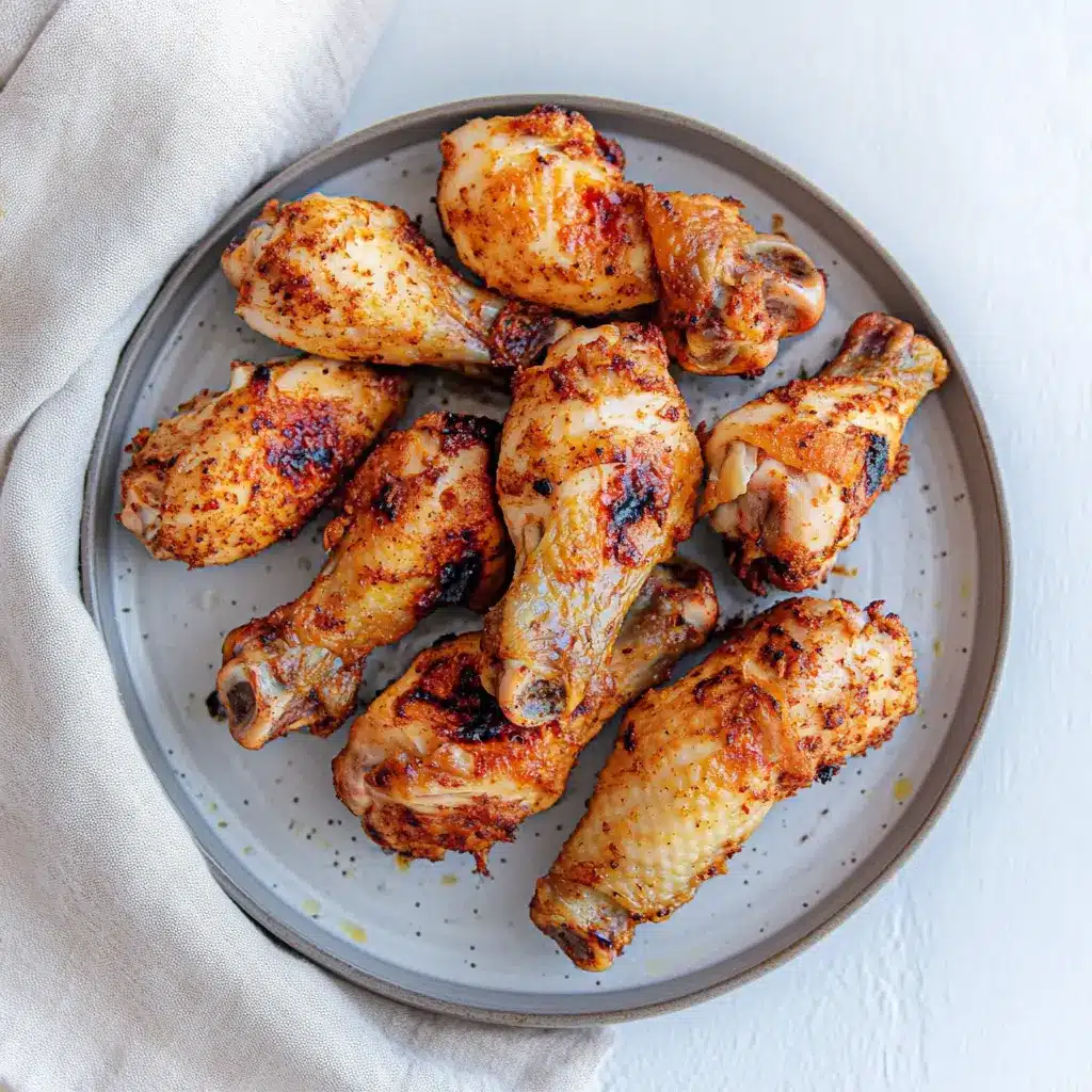 Air Fryer Chicken Drumsticks Easy Weeknight Dinner 6 Air fryer chicken drumsticks with crispy golden skin on a white plate
