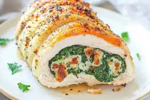 Air Fryer Feta and Spinach Stuffed Chicken Breast Easy Weeknight Dinner AIR FRYER FETA AND SPINACH STUFFED CHICKEN BREAST centered hero view, clean and uncluttered