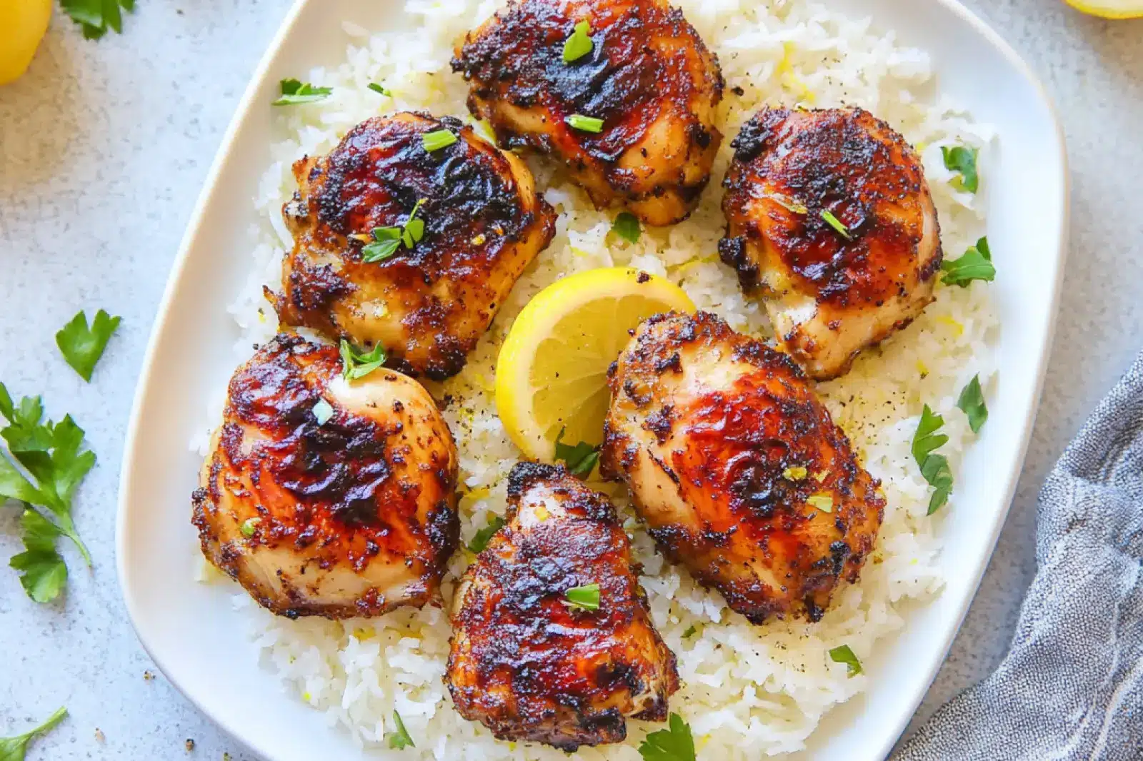 AIR FRYER LEMON GARLIC CHICKEN THIGHS centered hero view, clean and uncluttered