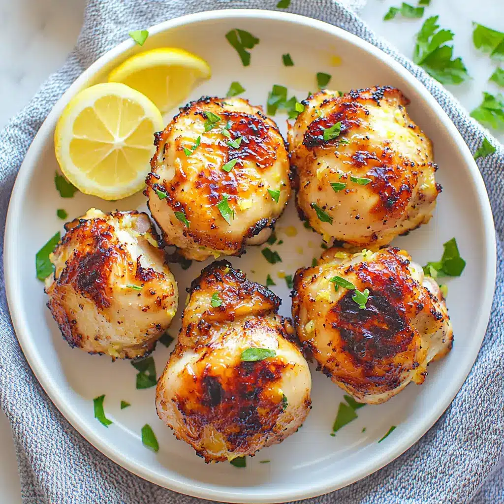 AIR FRYER LEMON GARLIC CHICKEN THIGHS centered hero view, clean and uncluttered