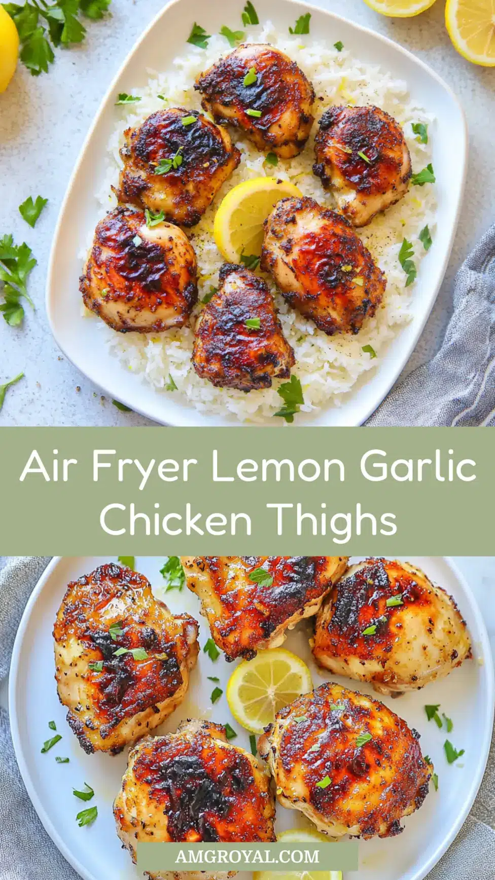 AIR FRYER LEMON GARLIC CHICKEN THIGHS centered hero view, clean and uncluttered_pin
