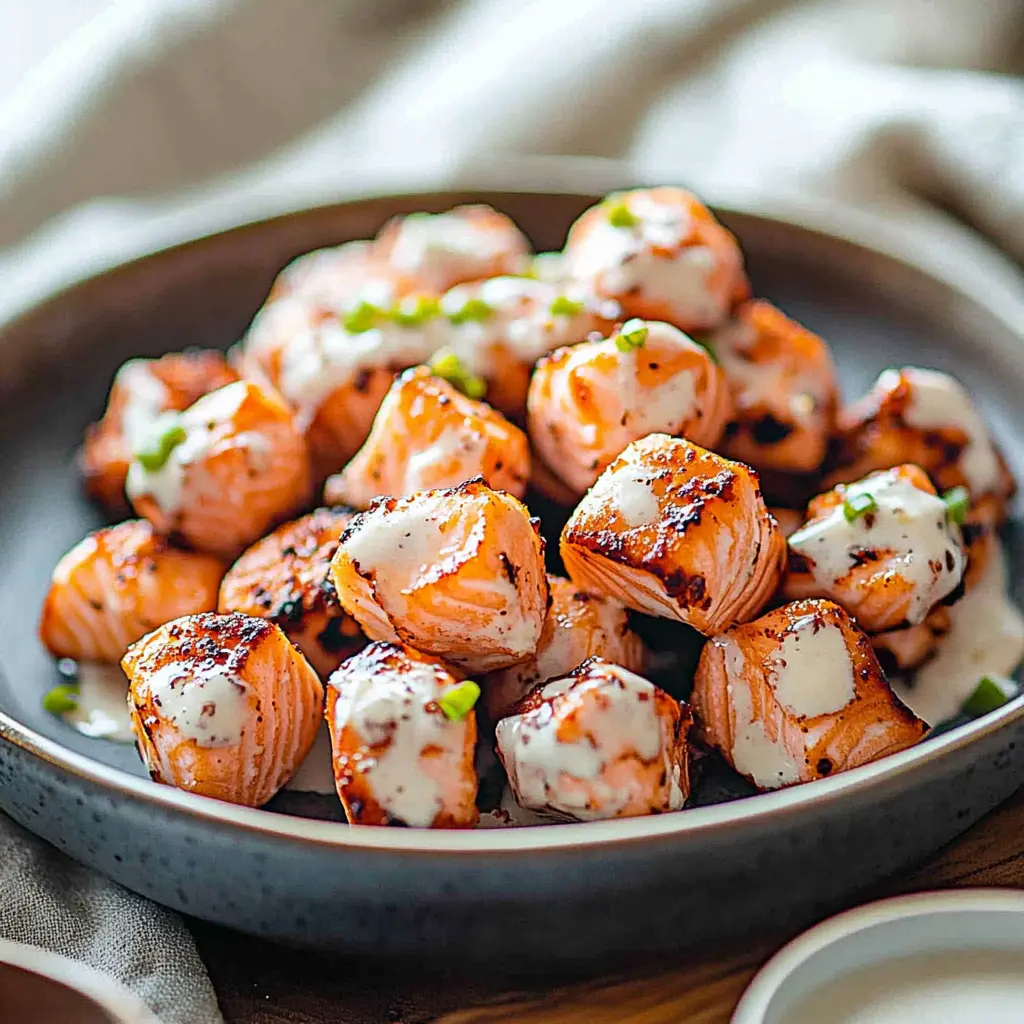 Air fryer salmon bites with golden crispy edges on a white plate