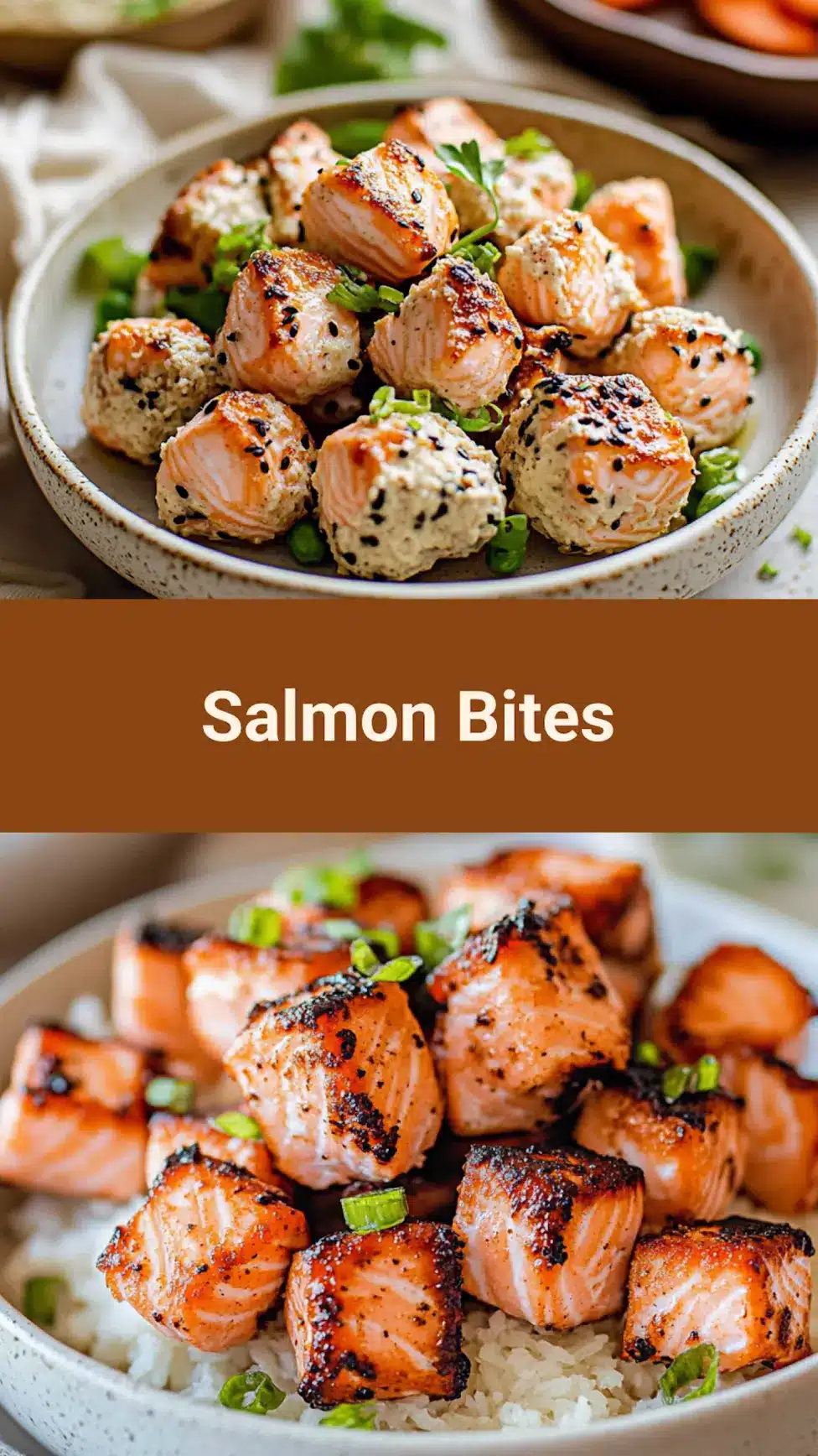 Air fryer salmon bites recipe pin image with golden crispy salmon
