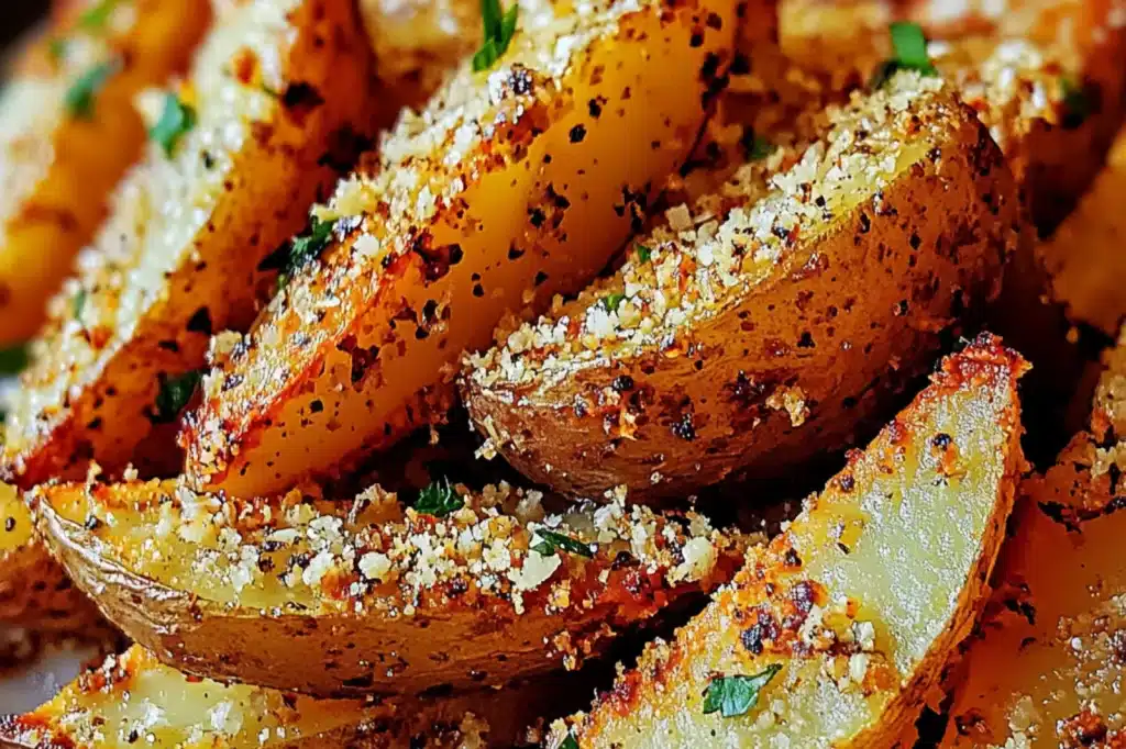 BAKED GARLIC PARMESAN POTATO WEDGES centered hero view, clean and uncluttered