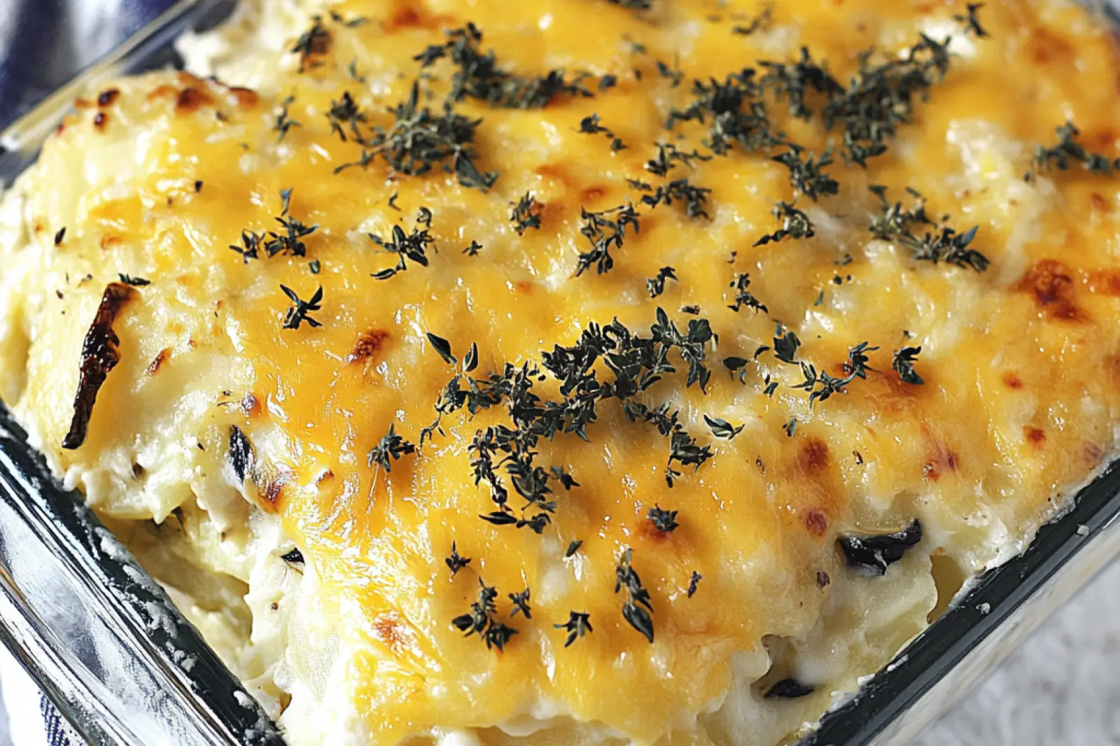 BEST CHEESY POTATO CASSEROLE centered hero view, clean and uncluttered