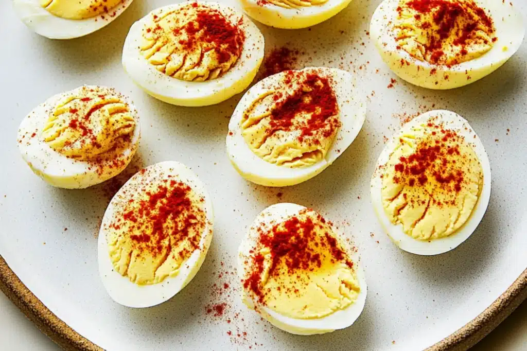 BEST DEVILED EGGS RECIPE centered hero view, clean and uncluttered