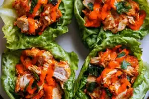 BUFFALO CHICKEN LETTUCE WRAPS centered hero view, clean and uncluttered