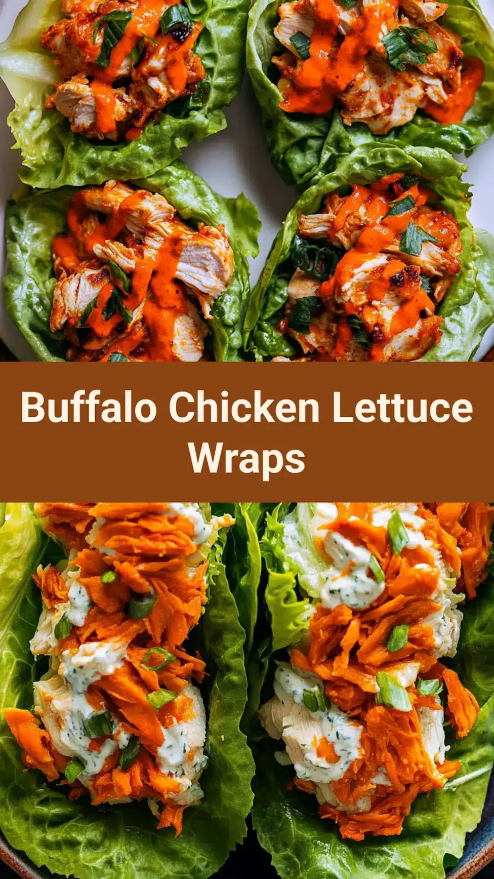 Buffalo Chicken Lettuce Wraps Easy Fresh Weeknight Dinner 7 Buffalo chicken lettuce wraps centered hero view, clean and uncluttered pin