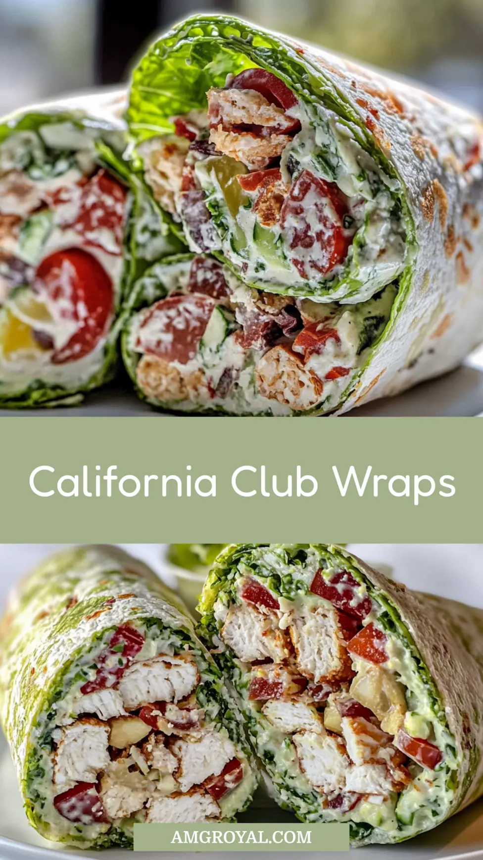 California Club Wraps Easy Fresh Dinner for Busy Nights 7 California club wraps sliced in half showing layers of bacon, chicken, avocado, and vegetables