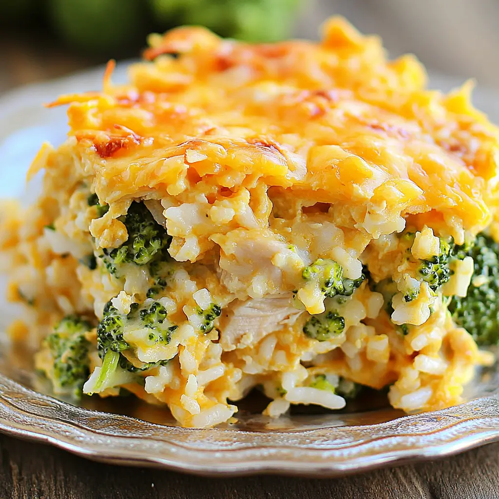 CHEESY CHICKEN BROCCOLI AND RICE CASSEROLE centered hero view, clean and uncluttered