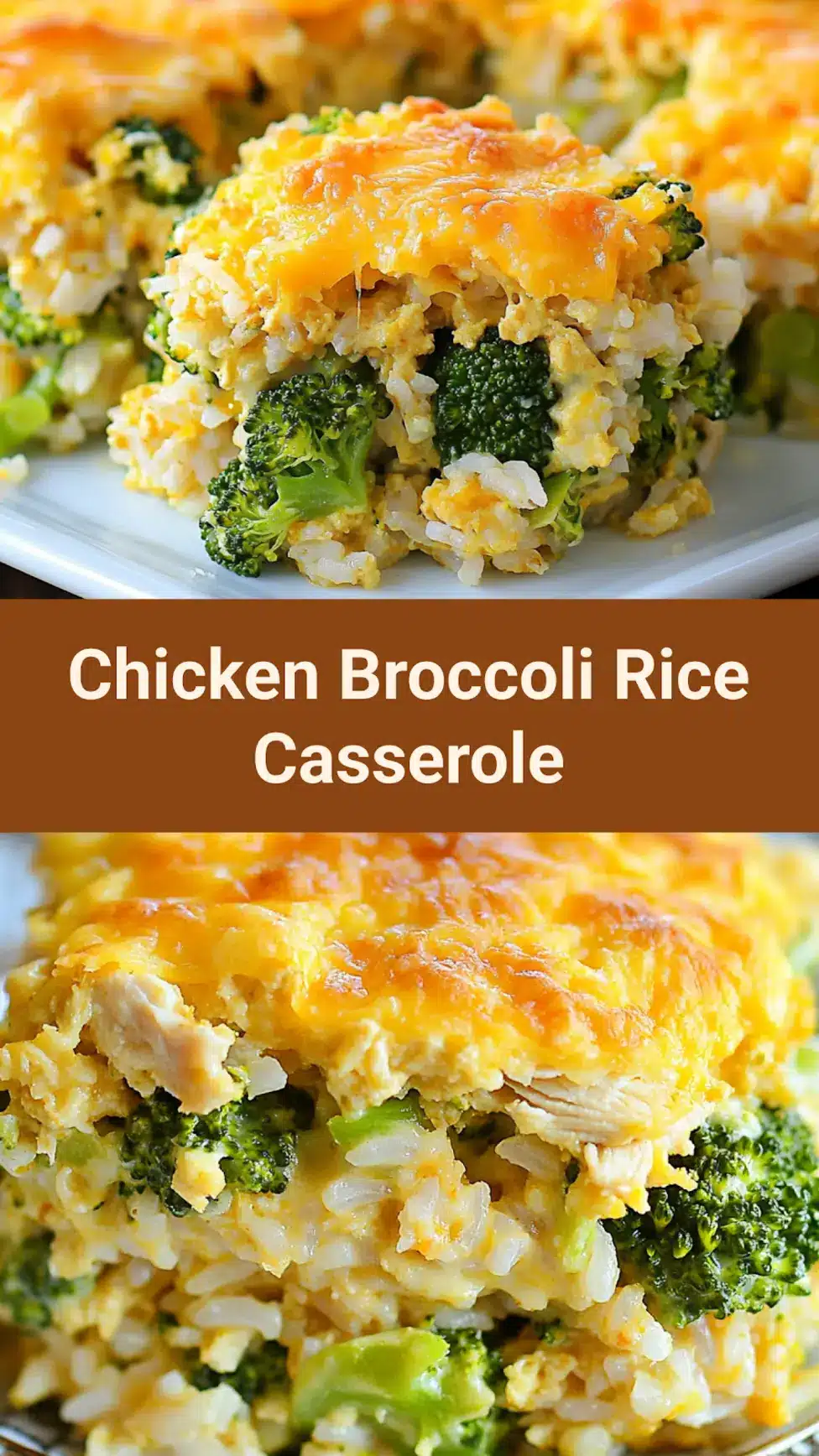 CHEESY CHICKEN BROCCOLI AND RICE CASSEROLE centered hero view, clean and uncluttered