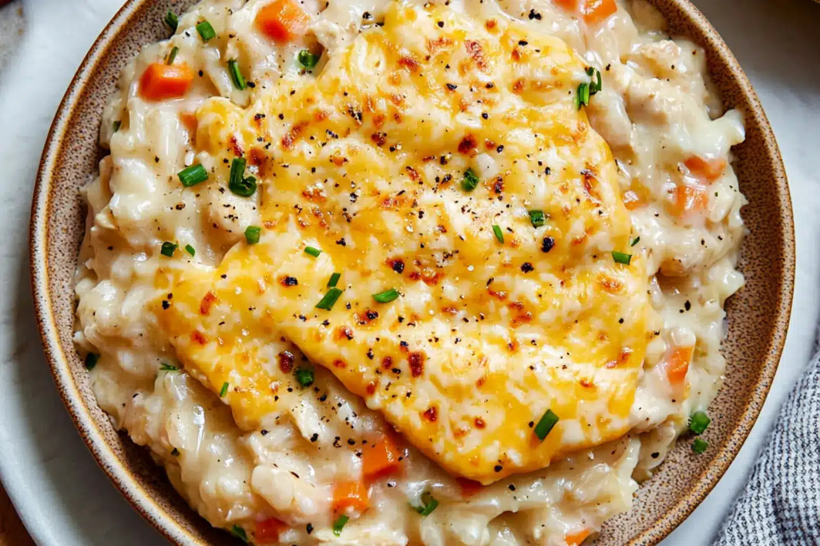 CHEESY INSTANT POT CHICKEN AND RICE centered hero view, clean and uncluttered