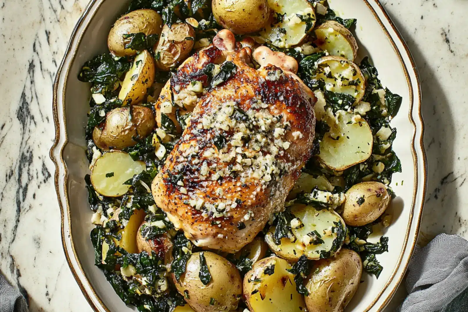 CHICKEN AND POTATOES WITH GARLIC PARMESAN centered hero view, clean and uncluttered
