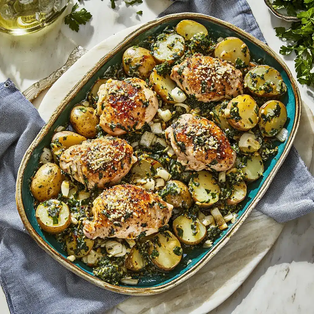 Chicken and Potatoes with Garlic Parmesan centered hero view, clean and uncluttered