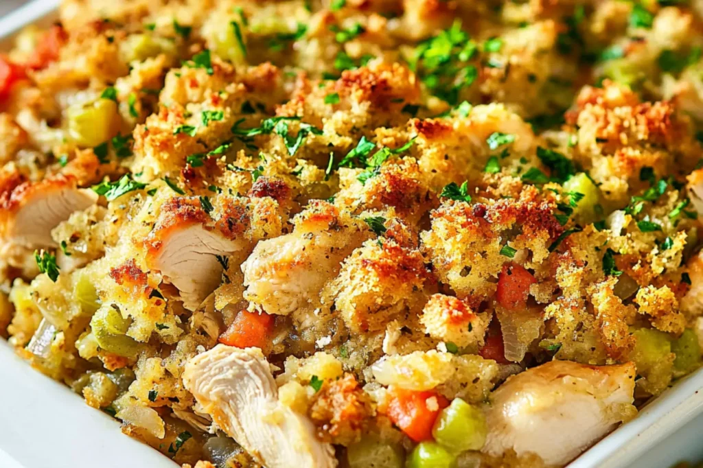 CHICKEN AND STUFFING CASSEROLE centered hero view, clean and uncluttered