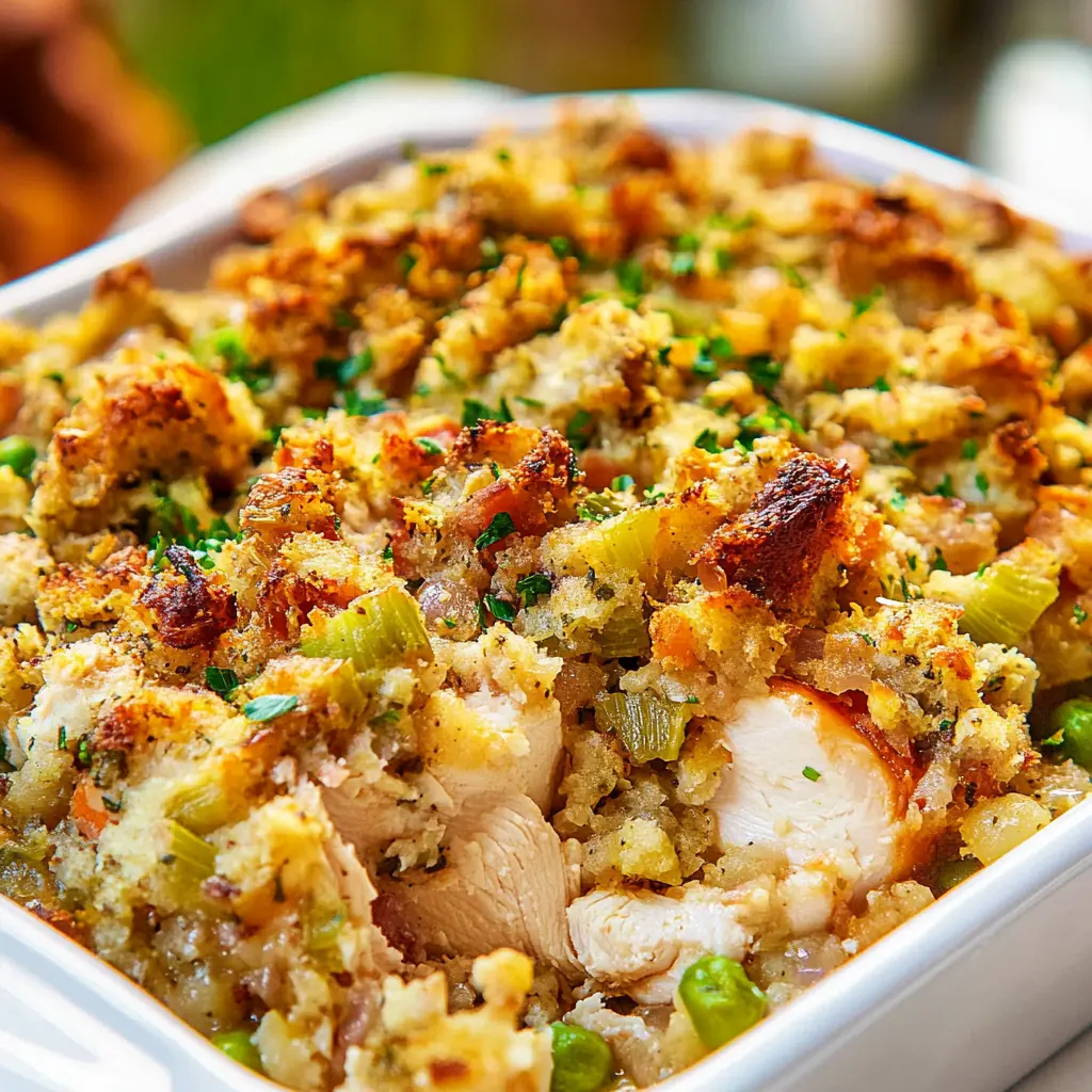 CHICKEN AND STUFFING CASSEROLE centered hero view, clean and uncluttered