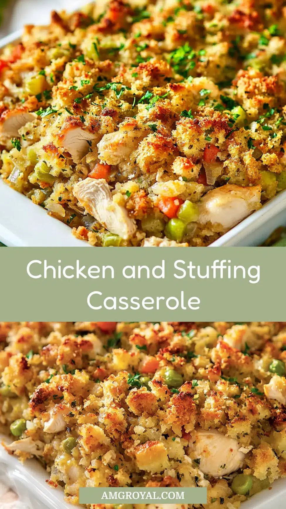 CHICKEN AND STUFFING CASSEROLE centered hero view, clean and uncluttered_pin