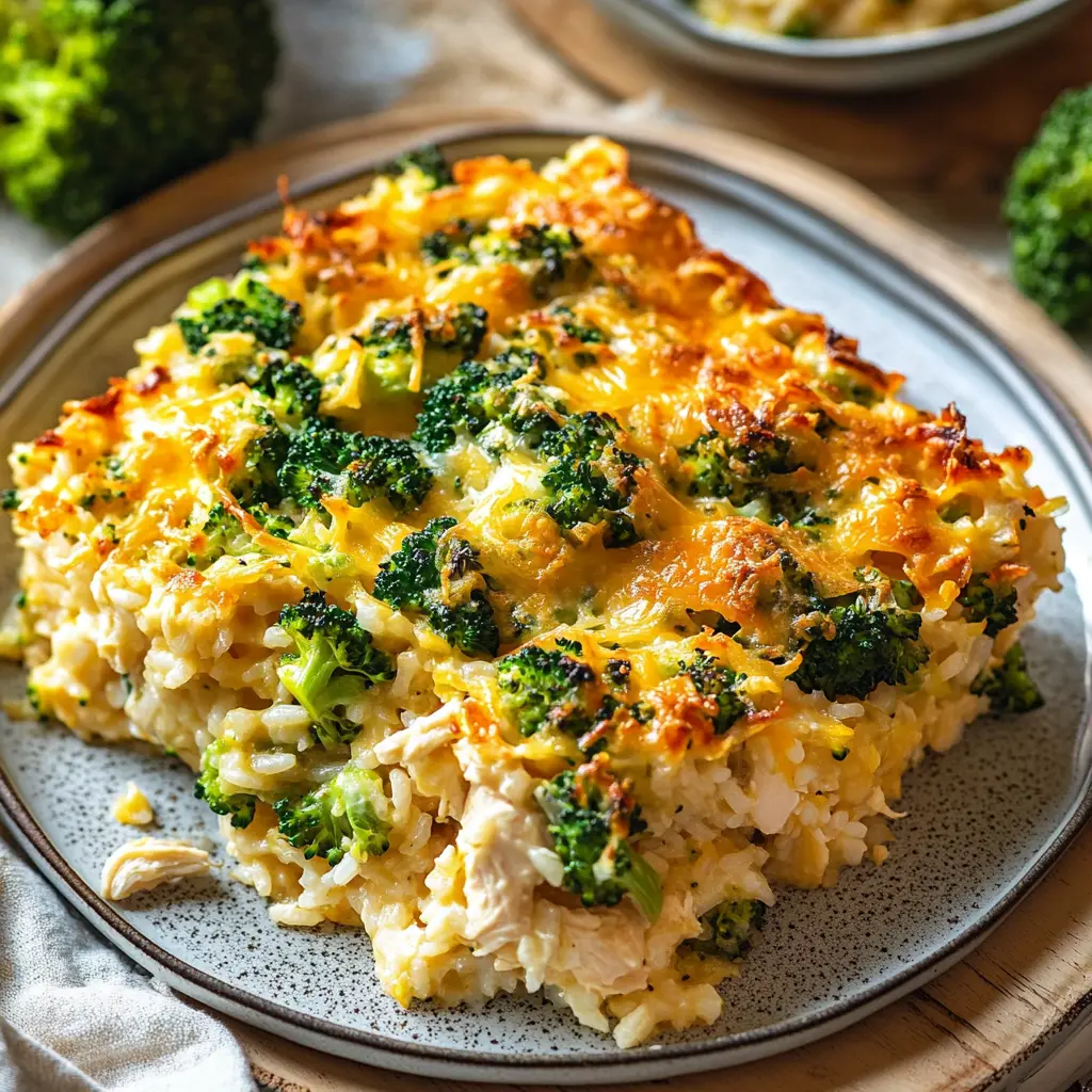 CHICKEN BROCCOLI RICE CASSEROLE centered hero view, clean and uncluttered
