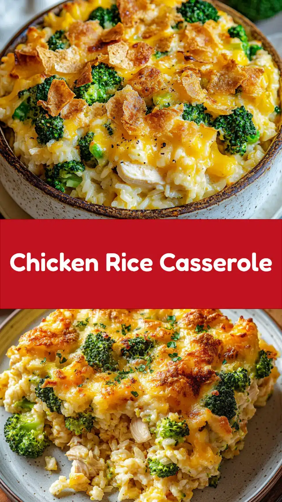 CHICKEN BROCCOLI RICE CASSEROLE centered hero view, clean and uncluttered_pin