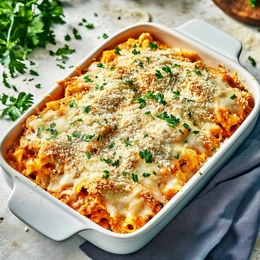 CHICKEN PARMESAN CASSEROLE recipe, served and ready to eat, easy homemade dinner