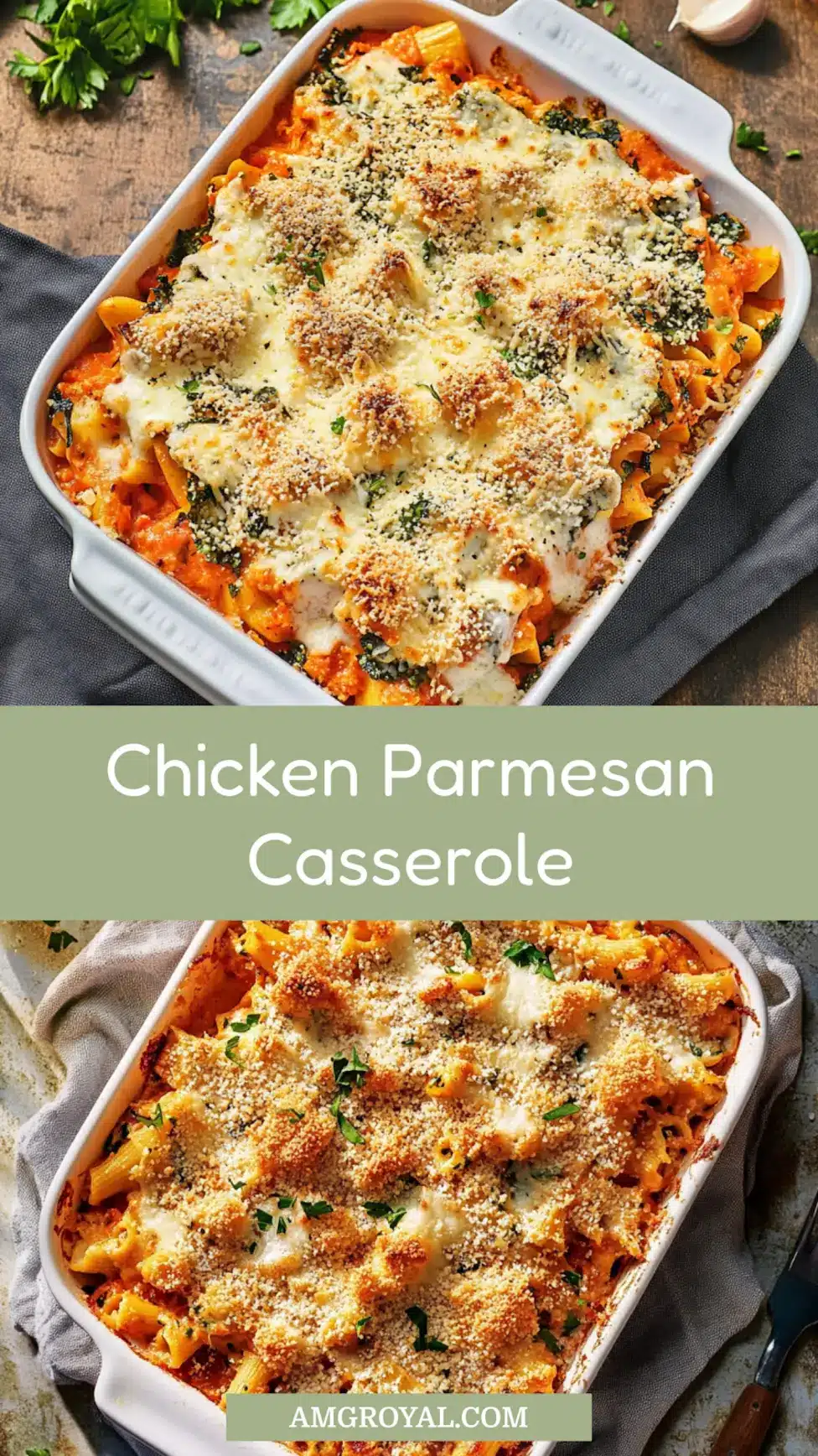 CHICKEN PARMESAN CASSEROLE recipe, served and ready to eat, easy homemade dinner
