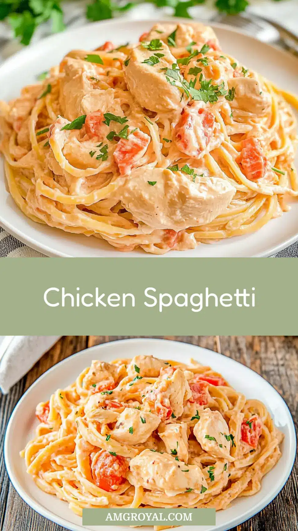 Chicken Spaghetti Easy Comforting Dinner for Busy Nights 7 CHICKEN SPAGHETTI centered hero view, clean and uncluttered_pin