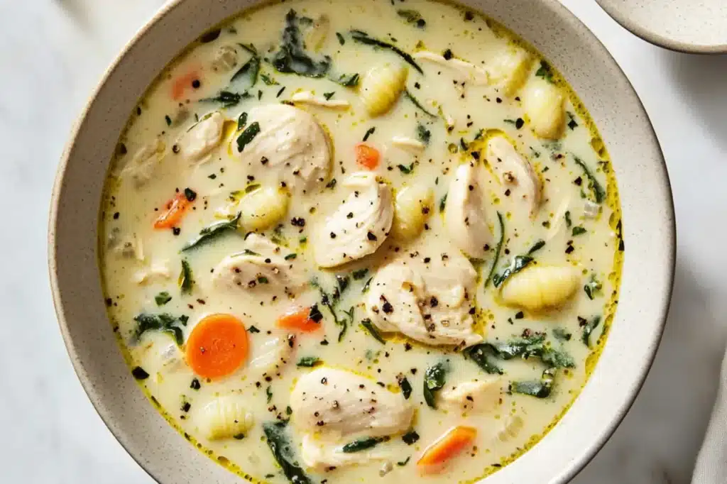 COPYCAT OLIVE GARDEN CHICKEN AND GNOCCHI SOUP centered hero view, clean and uncluttered