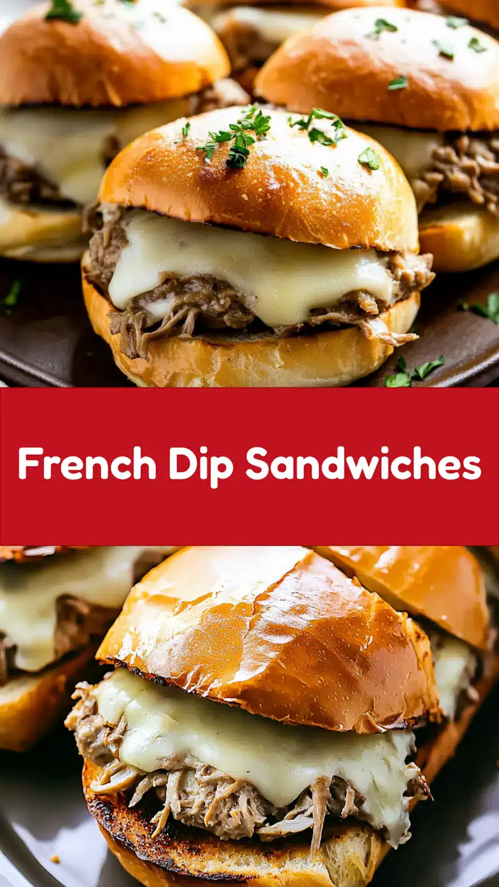 CRAFTING CROCKPOT FRENCH DIP SANDWICHES centered hero view, clean and uncluttered