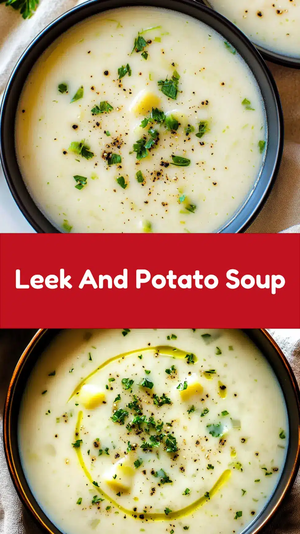 Creamy leek and potato soup Pinterest pin image