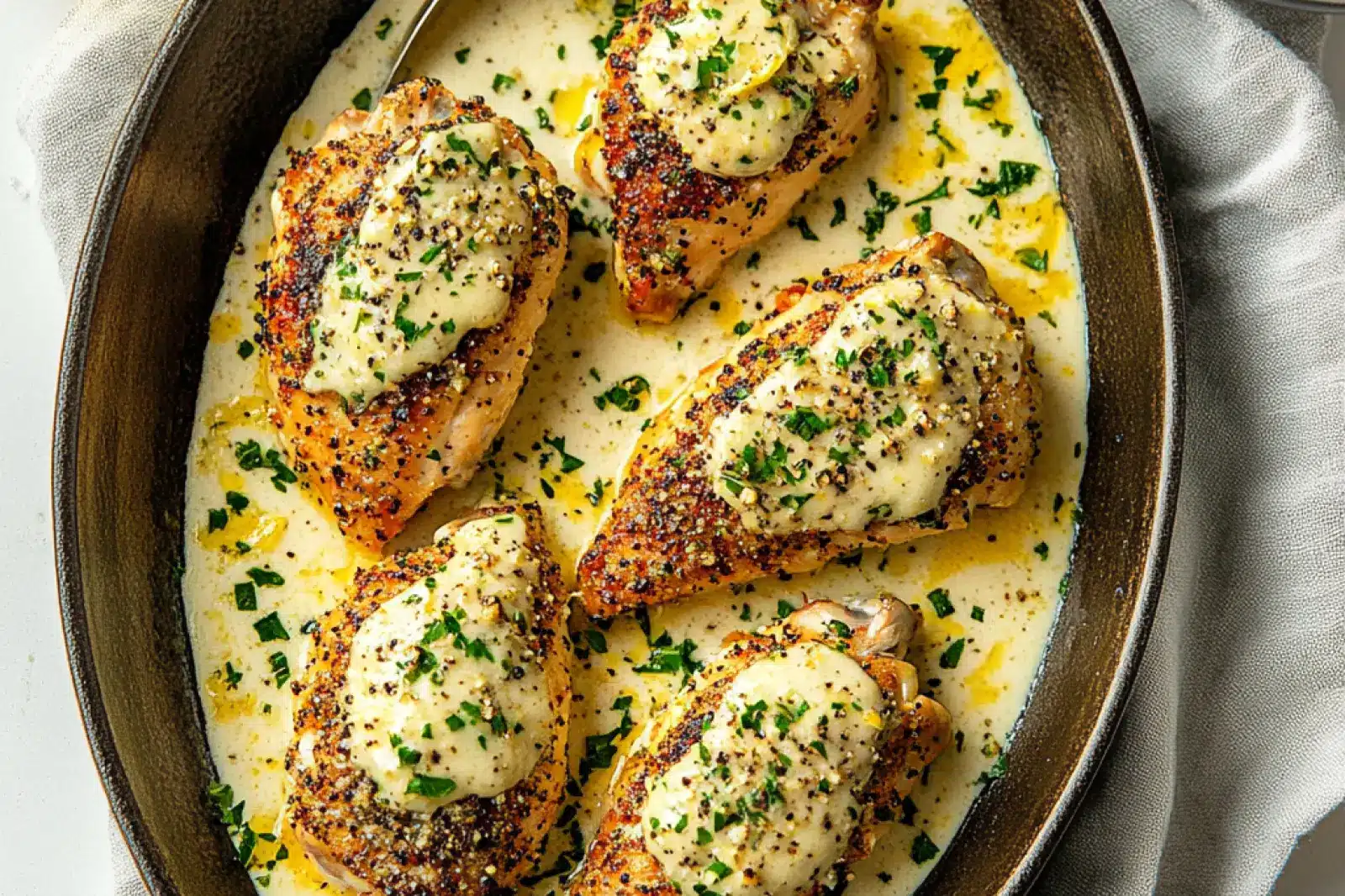 CREAMY LEMON GARLIC CHICKEN THIGHS centered hero view, clean and uncluttered