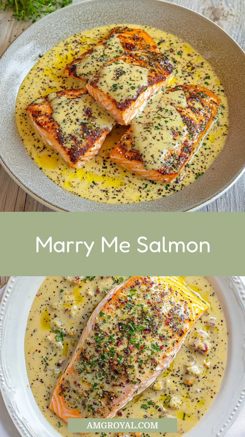 Creamy Marry Me Salmon Easy Weeknight Dinner Recipe 7 Creamy Marry Me Salmon recipe pin image with golden sauce and fresh herbs