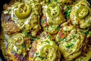 Creamy Pepperoncini Chicken Skillet Easy Weeknight Dinner CREAMY PEPPERONCINI CHICKEN SKILLET centered hero view, clean and uncluttered
