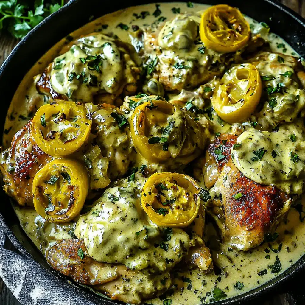 Creamy Pepperoncini Chicken Skillet Easy Weeknight Dinner 6 CREAMY PEPPERONCINI CHICKEN SKILLET centered hero view, clean and uncluttered